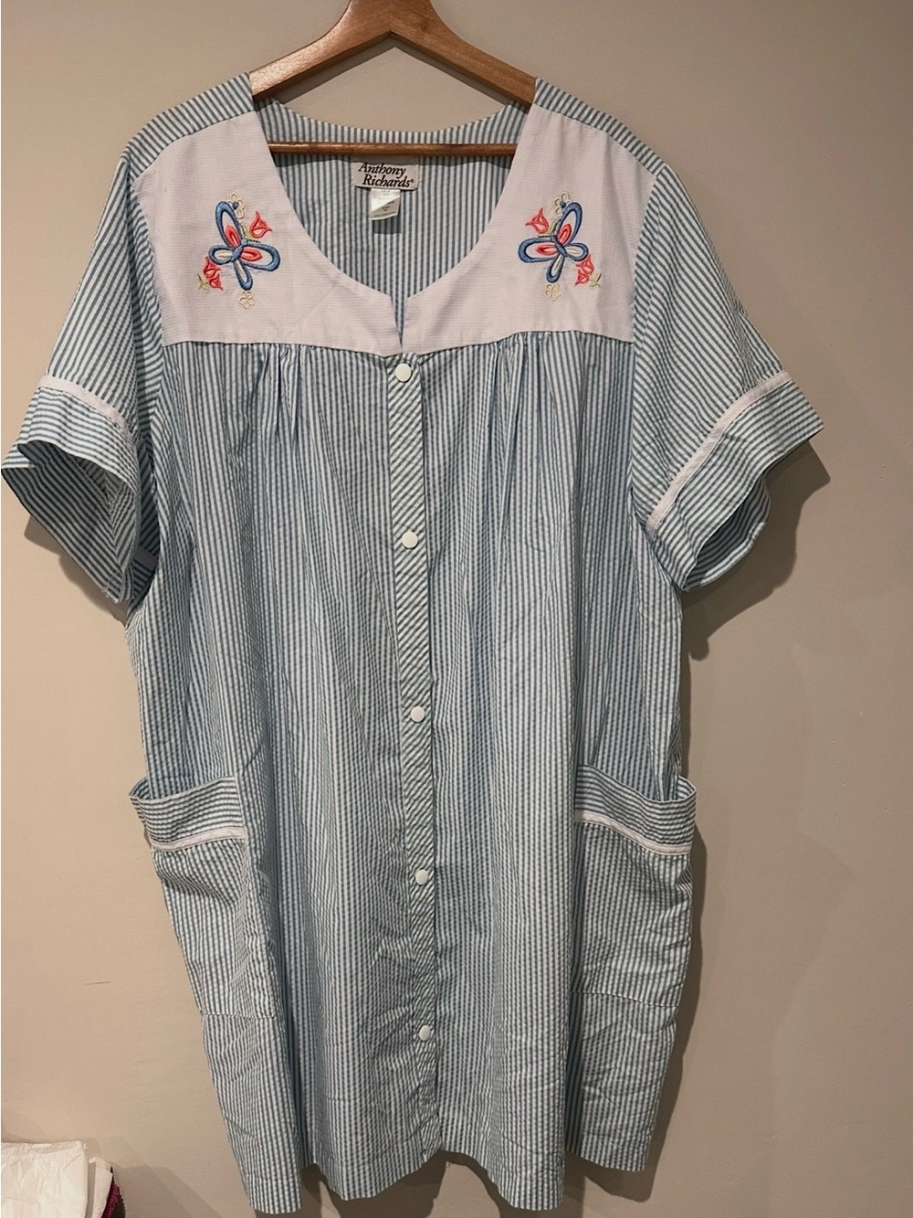 Anthony Richards 3X Blue White Striped Butterfly Embroidered House Dress Pockets